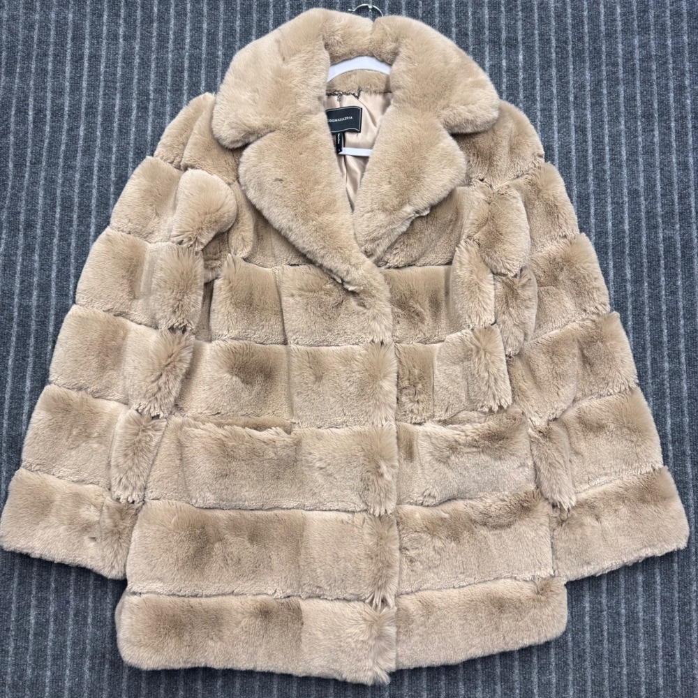 BCBGMAXAZRIA Women Faux Fur Coat Small Tan Beige Paneled Plush Jacket 14989BM